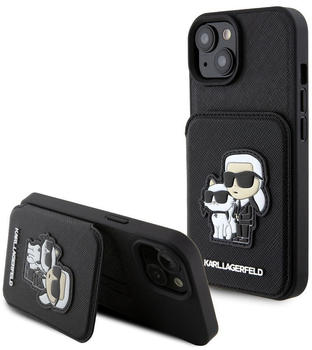 Karl Lagerfeld PU Saffiano Card Slot Stand Karl and Choupette Back Cover für iPhone 15 Schwarz