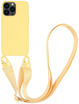 Vivanco Necklace Cover, Silikon Schutzhülle mit Karabinerhaken und Handykette für iPhone 13 Pro Gelb