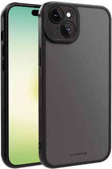 Vivanco Frosted Cover für iPhone 15 Plus mit integriertem Kamera Schutzrahmen, semi-transparent/schwarz Transparent