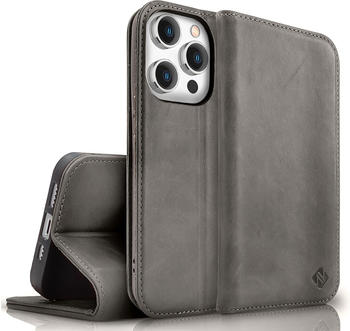 NALIA Echt Leder Flip Case Hülle mit Magnetverschluss (iPhone 15 Pro Max), Smartphone Hülle, Grau