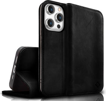 NALIA Echt Leder Flip Case H&uuml;lle mit Magnetverschluss (iPhone 15 Pro Max), Smartphone H&uuml;lle, Schwarz