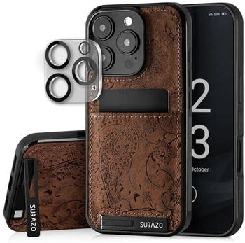 SURAZO Echtleder Back Case für Apple iPhone 16 Pro Max Hülle - Stoßfestes Leder Handyhülle Cover [Kameraschutz Glas, Kartenfach, Standfunktion, Schlüsselanhänger] Bumper Rückseite Schutzhülle Floral