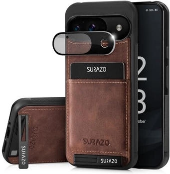 SURAZO Echtleder Back Case für Google Pixel 9 Hülle - Stoßfestes Leder Handyhülle Cover [mit Kameraschutz Glas, Kartenfach, Standfunktion, Schlüsselanhänger] Bumper Rückseite Schutzhülle - Braun