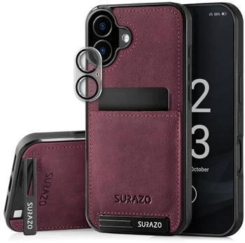 SURAZO Echtleder Back Case für Apple iPhone 16 Hülle - Stoßfestes Leder Handyhülle Cover [Kameraschutz Glas, Kartenfach, Standfunktion, Schlüsselanhänger] Bumper Rückseite Schutzhülle Burgund