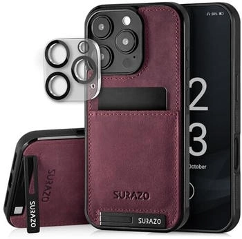 SURAZO Echtleder Back Case für Apple iPhone 16 Pro Hülle - Stoßfestes Leder Handyhülle Cover [Kameraschutz Glas, Kartenfach, Standfunktion, Schlüsselanhänger] Bumper Rückseite Schutzhülle Burgund