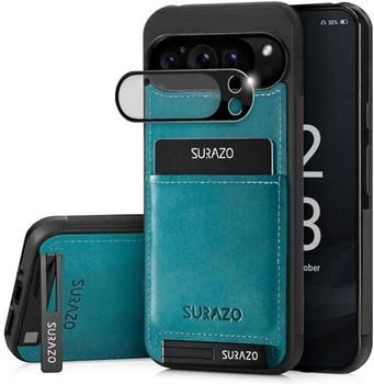SURAZO Echtleder Back Case für Google Pixel 9 Pro Hülle - Stoßfestes Leder Handyhülle Cover [mit Kameraschutz Glas, Kartenfach, Standfunktion, Schlüsselanhänger] Bumper Rückseite Schutzhülle Türkis