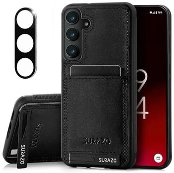 SURAZO Lederhülle für Samsung Galaxy S25 Plus Hülle mit Kameraschutz - Echtleder Rückseite Handyhülle [Kartenfach] [Standfunktion] [Schlüsselring] Stoßfestes Echt Leder Schutzhülle Case (Schwarz)