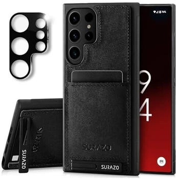 SURAZO Lederhülle für Samsung Galaxy S25 Ultra Hülle mit Kameraschutz - Echtleder Rückseite Handyhülle [Kartenfach] [Standfunktion] [Schlüsselring] Stoßfestes Echt Leder Schutzhülle Case (Schwarz)