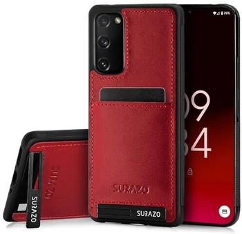 SURAZO Premium Echtleder Back case für Samsung Galaxy S20 FE 5G Hülle - Stoßfestes Leder Handyhülle Cover [Kartenfach, Standfunktion, Schlüsselanhänger] Vintage Slim Bumper Schutzhülle (Costa Rot)