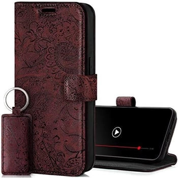 SURAZO Premium Handyhülle für Samsung Galaxy A15 Hülle Leder - Klappbare Echtleder Schutzhülle [Magnet, Kartenfach, RFID Schutz, Blumenmuster] Flip Klapphülle Wallet Case Cover Lederhülle (Burgund)