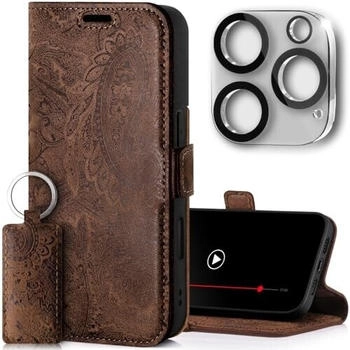 SURAZO Slim Magnet Handyhülle für Apple iPhone 16 Pro Max Hülle Leder Klappbar Echtleder Schutzhülle [Kartenfach, RFID Schutz, Kameraschutz] [Muster] Klapphülle Wallet Case Cover Lederhülle (Braun)