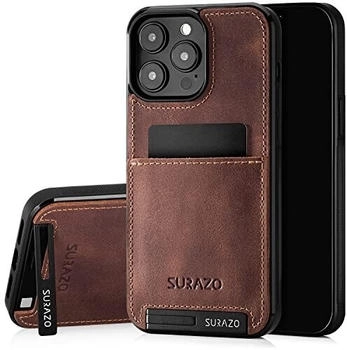 SURAZO Echtleder Back Case für Apple iPhone 15 Pro Hülle - Stoßfestes Leder Handyhülle Cover mit [ Kartenfach, Standfunktion, Schlüsselanhänger ] Vintage Slim Bumper Schutzhülle (Nussbraun)