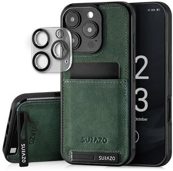 SURAZO Echtleder Back Case für Apple iPhone 16 Pro Hülle - Stoßfestes Leder Handyhülle Cover [Kameraschutz Glas, Kartenfach, Standfunktion, Schlüsselanhänger] Bumper Rückseite Schutzhülle Dunkelgrün