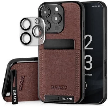 SURAZO Echtleder Back Case für Apple iPhone 16 Pro Max Hülle - Stoßfestes Leder Handyhülle Cover [Kameraschutz Glas, Kartenfach, Standfunktion, Schlüsselanhänger] Bumper Rückseite Schutzhülle Supreme
