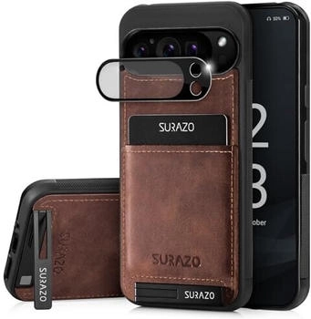 SURAZO Echtleder Back Case für Google Pixel 9 Pro Hülle - Stoßfestes Leder Handyhülle Cover [mit Kameraschutz Glas, Kartenfach, Standfunktion, Schlüsselanhänger] Bumper Rückseite Schutzhülle Braun