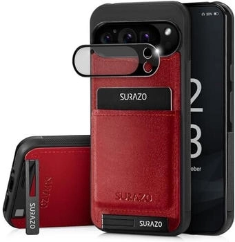 SURAZO Echtleder Back Case für Google Pixel 9 Pro Hülle - Stoßfestes Leder Handyhülle Cover [mit Kameraschutz Glas, Kartenfach, Standfunktion, Schlüsselanhänger] Bumper Rückseite Schutzhülle Rot