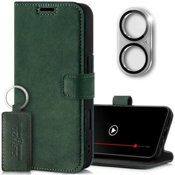 SURAZO Handyhülle für Apple iPhone 16 Plus Hülle Leder - Klappbar Echtleder Schutzhülle [Kartenfach, RFID Schutz, Standfunktion, Kameraschutz Glas] Flip Klapphülle Case Cover Lederhülle Dunkelgrün
