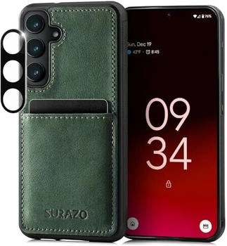 SURAZO Lederhülle für Samsung Galaxy S25 Hülle mit Kameraschutz - Echtleder Rückseite Handyhülle [Kartenfach] [Schlüsselring] Stoßfestes Echt Leder Schutzhülle Leather Case (Nubuk Grün)