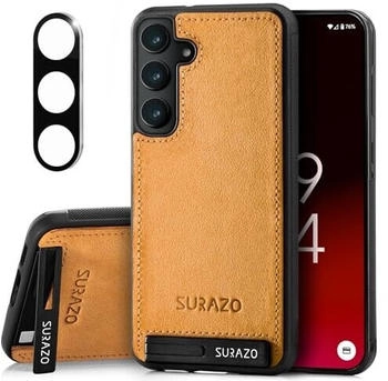 SURAZO Lederhülle für Samsung Galaxy S25 Hülle mit Kameraschutz - Echtleder Rückseite Handyhülle [Standfunktion] [Schlüsselring] Stoßfestes Echt Leder Schutzhülle Leather Case (Mix) (Nubuk Gelb)