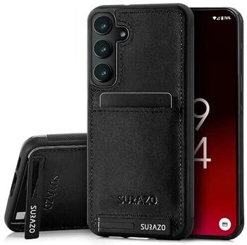 SURAZO Premium Echtleder Back case für Samsung Galaxy S23 FE Hülle - Stoßfestes Leder Handyhülle Cover mit [Kartenfach, Standfunktion, Schlüsselanhänger] Vintage Slim Bumper Schutzhülle (Schwarz)