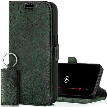 SURAZO Slim Magnet Handyhülle für Apple iPhone 15 Pro Max Hülle Leder - Klappbar Echtleder Schutzhülle [Kartenfach, RFID Schutz, Blumenmuster] Klapphülle Wallet Case Cover Lederhülle (Grün)