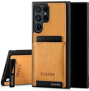 SURAZO Premium Echtleder Back case für Samsung Galaxy S23 Ultra Hülle - Stoßfestes Leder Handyhülle Cover mit [Kartenfach, Standfunktion, Schlüsselanhänger] Vintage Slim Bumper Schutzhülle (Camel)