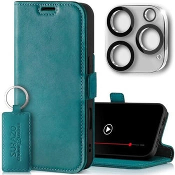 SURAZO Slim Magnet Handyhülle für Apple iPhone 16 Pro Hülle Leder - Klappbar Echtleder Schutzhülle [mit Kartenfach, RFID Schutz, Kameraschutz] Flip Klapphülle Wallet Case Cover Lederhülle (Türkis)
