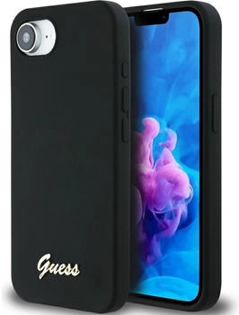 Guess Handyhülle für iPhone 16e, Guess Hardcase Silicone Script Metal Logo mit MagSafe, Schwarz