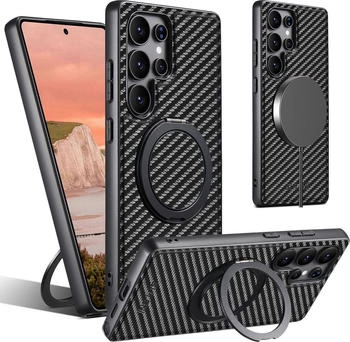 Wigento Handyh&uuml;lle F&uuml;r Samsung Galaxy S25 Ultra MagSafe Carbon Kunstleder H&uuml;lle Schwarz, Magnetische Carbon-H&uuml;lle 360 Grad Rotation Ring