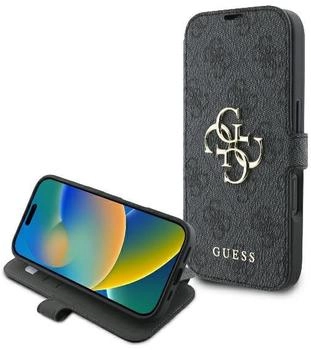 Guess Handyhülle mit Klappe für iPhone 16 4G Metal Logo, Schwarz mit Goldenen Elementen