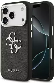 Guess Tasche passend für IPHONE 17 Pro GUHCP17LP4G4SMCK (4G Kunstleder Tasche mit großem 4G und klassischem Logo und silbernem Metall Kamerarahmen) schwarz