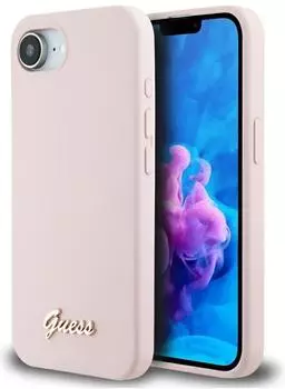 Guess Silicone Script Metal Logo MagSafe Hülle für iPhone 16e (rosa)