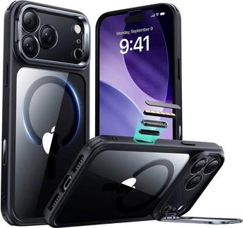 ESR Handyhülle für iPhone 17 Pro Max Classic Hybrid Kickstand mit MagSafe Transparent mit schwarzen Rahmen