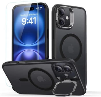 ESR Handyhülle + Gehärtetes Glas für Bildschirm für iPhone 16 mit MagSafe Classic Hybrid KickStand Transparent mit Schwarzen Rahmen