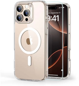 ESR Handyhülle + Gehärtetes Glas für Bildschirm für iPhone 16 Pro Max für MagSafe Classic Hybrid HaloLock Transparent-Weiß