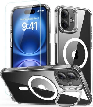 ESR Handyhülle + Gehärtetes Glas für Bildschirm für iPhone 16 mit MagSafe Classic Hybrid Kickstand HaloLock Transparent