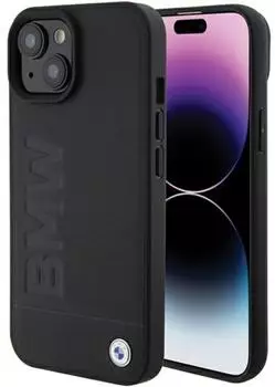 BMW Apple iPhone 15 Plus Schutzhülle Case Cover MagSafe Leather Hot Stamp Black
