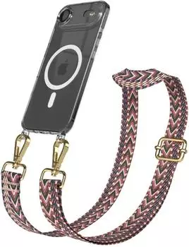 Eazy Case Handykette mit MagSafe Hülle für Apple iPhone Air Handyband ZigZag Style Karabiner Gold Umhängeband in Dunkelrot