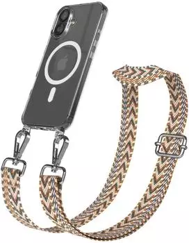 Eazy Case Handykette mit MagSafe Hülle für Apple iPhone 17 Handyband ZigZag Style Karabiner Silber Umhängeband in Braun
