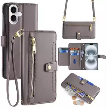 Betterfon Handykette iPhone Hülle mit Band Handyhülle Kartenfächer PU Leder Umhängetasche iPhone 16 Grau
