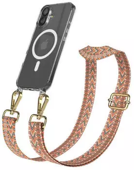 Eazy Case Handykette mit MagSafe Hülle für Apple iPhone 17 Handyband ZigZag Style Karabiner Gold Umhängeband in Orange