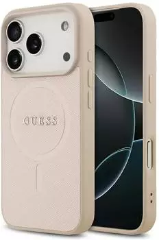 Guess Hülle iPhone 17 Pro Kunstleder geprägt rosa Logo goldfarbig MagSafe