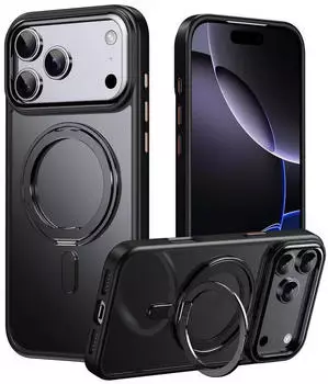 Wigento Für Apple iPhone 17 Pro Frosted 360 Ring MagSafe TPU + PC Schutz Hülle Schwarz