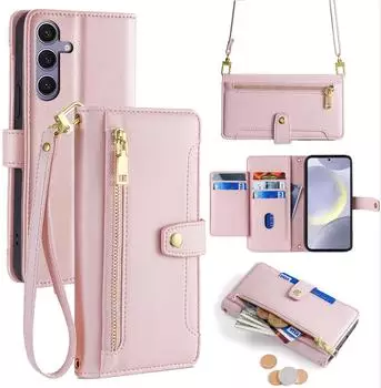 Betterfon Handykette Samsung Hülle mit Band Handyhülle Kartenfächer PU Leder Umhängetasche Galaxy S24+ Rosa