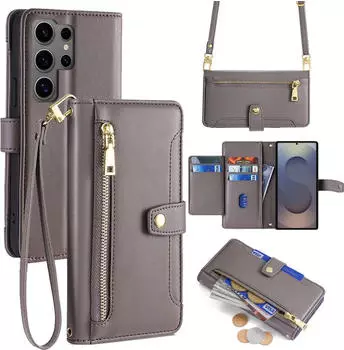 Betterfon Handykette Samsung Hülle mit Band Handyhülle Kartenfächer PU Leder Umhängetasche Galaxy S25 Ultra in Grau