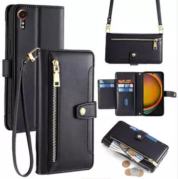 Betterfon Handykette Samsung Hülle mit Band Handyhülle Kartenfächer PU Leder Umhängetasche Galaxy Xcover 7 Schwarz