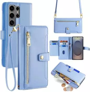 Betterfon Handykette Samsung Hülle mit Band Handyhülle Kartenfächer PU Leder Umhängetasche Galaxy S25 Ultra in Hellblau