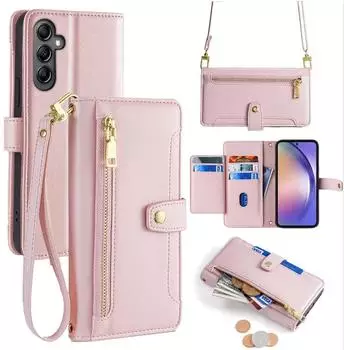Betterfon Handykette Samsung Hülle mit Band Handyhülle Kartenfächer PU Leder Umhängetasche Galaxy A34 Rosa