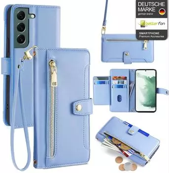 Betterfon Handykette Samsung Hülle mit Band Handyhülle Kartenfächer PU Leder Umhängetasche Galaxy S22+ Hellblau