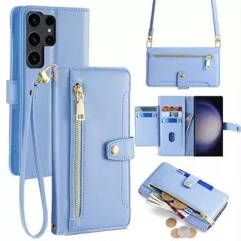 Betterfon Handykette Samsung Hülle mit Band Handyhülle Kartenfächer PU Leder Umhängetasche Galaxy S23 Ultra Hellblau